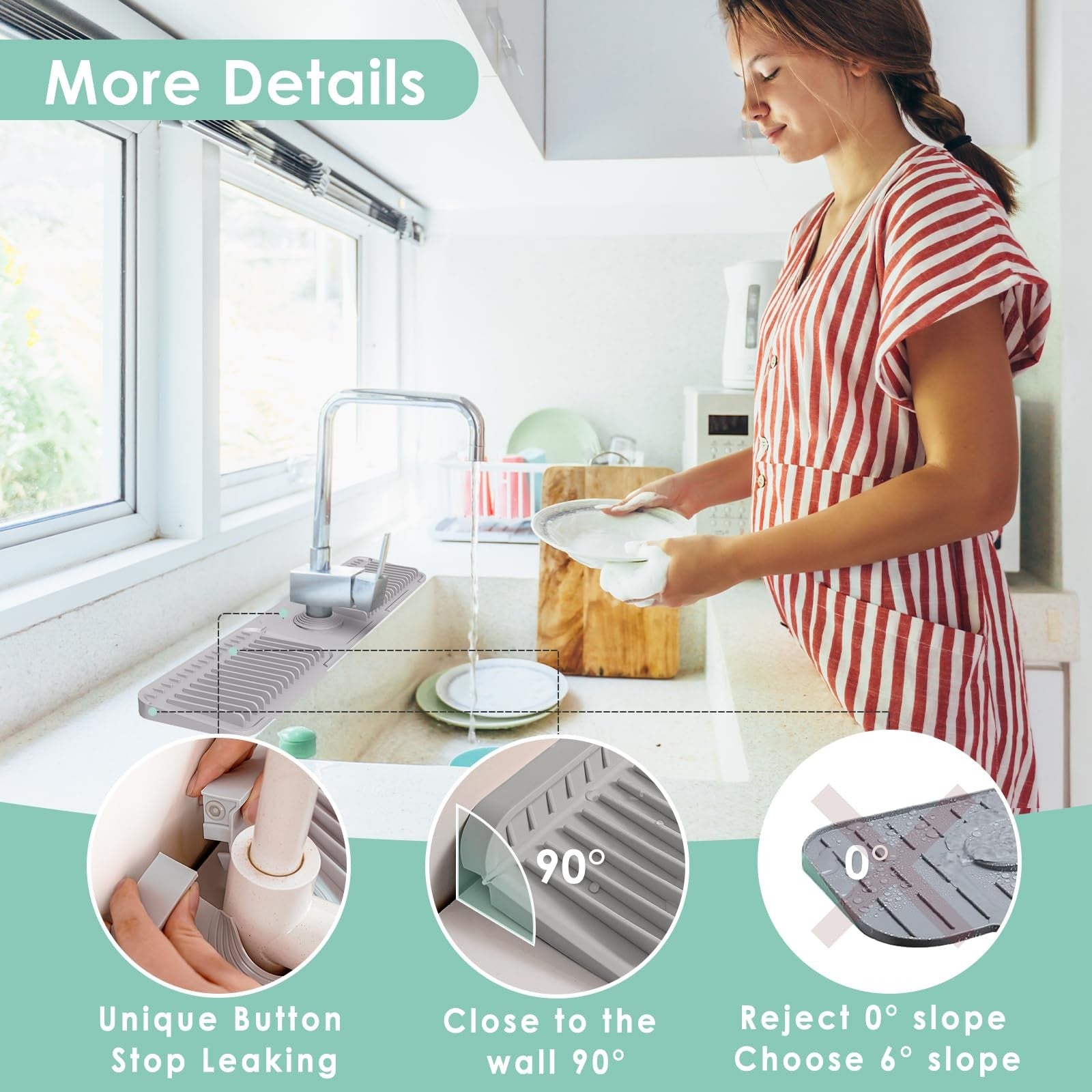 24 Inch Silicone Faucet Mat for Kitchen Sink Splash Guard - 6 Slope Water